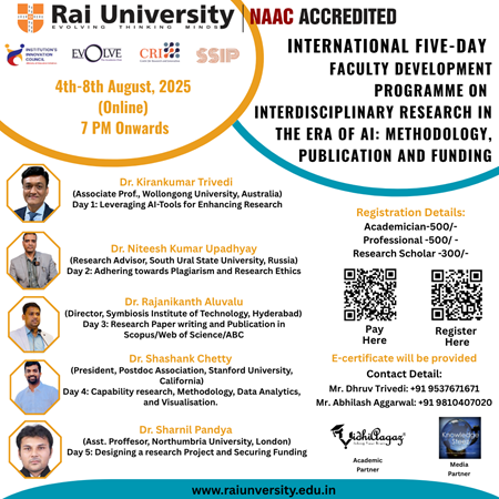 International Five-Day Faculty Development Programme on "Interdisciplinary Research in the Era of AI: Methodology, Publication and Funding" on  4 - 8 <sup>th</sup> Aug, 2025